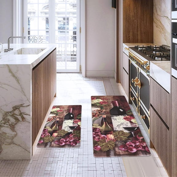 Farmhouse Kitchen Rugs Set 2 Piece Cushioned Anti Fatigue Kitchen Mat Wine, Rustic Kitchen Rugs and Mats No Skid Washable for Home, Waterproof Kitchen Floor Rugs PVC, 17" x 47" 17" x 30"
