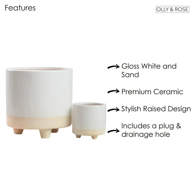 Olly & Rose Ceramic Plant Pots Indoor on Legs Round - White Sand Planter  Set 2 Indoor & Outdoor 