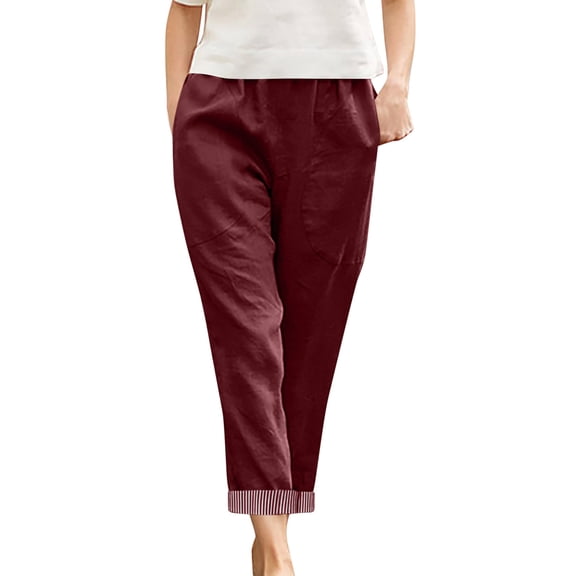 Kvture Womens Casual Cotton Tapered Capri Cargo Pants Loose Elastic Waist Ankle Cropped Trouser with Pockets M