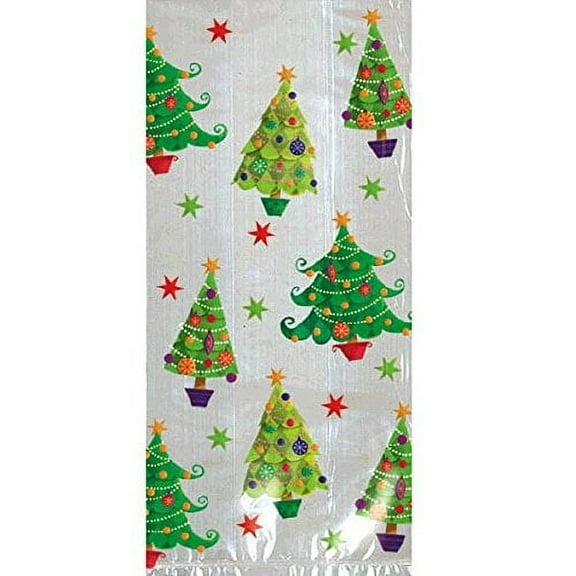 Christmas Tree Plastic Party Bags With White Twist Ties -11 1/2in.H x 5in.W x 3 1/4in.D - 20 Pack (379103)