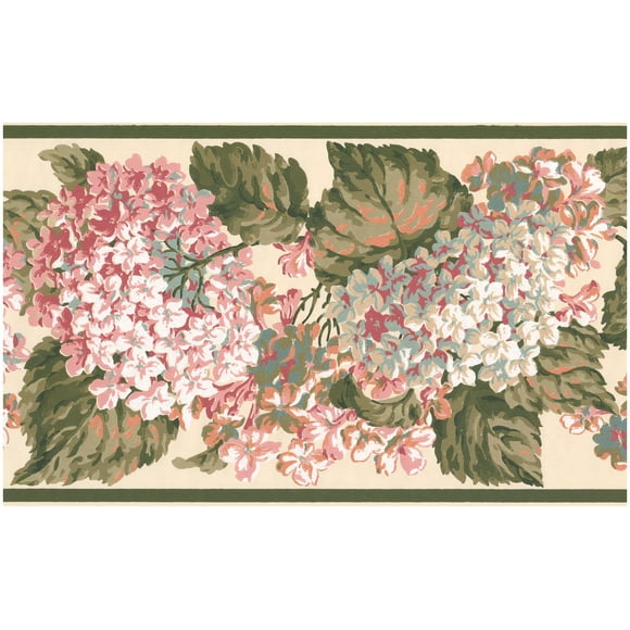 Wallpaper Border - White Pink Hydrangea Hortensia Floral Wall Border Retro Design, Prepasted Roll 15 ft X 10 in