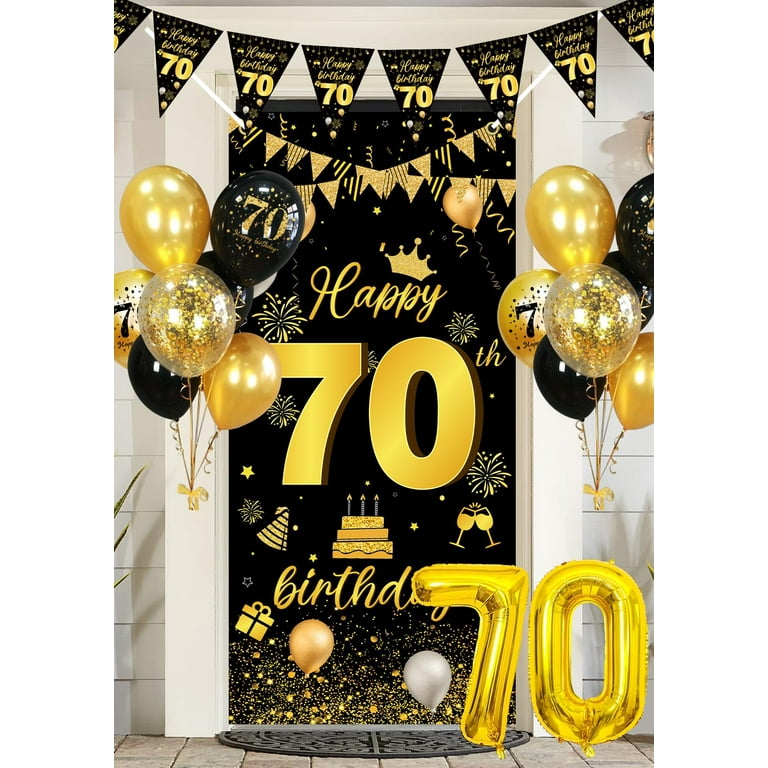 70Th Birthday Decorations Men Women - Black Gold Happy 70 Birthday Backdrop  Bann