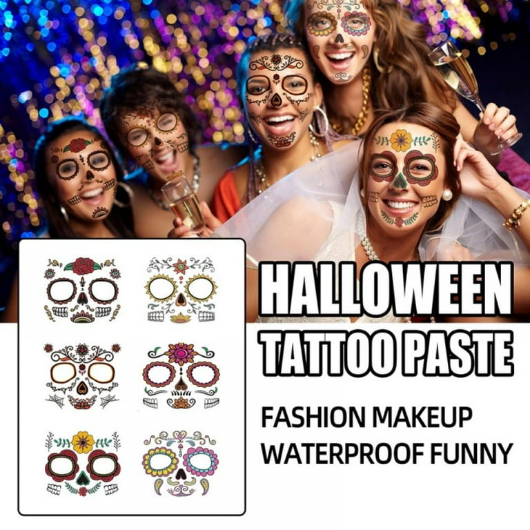 Halloween Temporary Face Tattoos, Black Skeleton Web Red Roses Full Face Mask  Tattoo for Women Men Adult Kids Boys Halloween Party Favor Supplies 