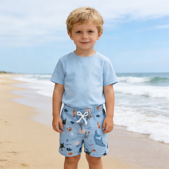 Toddler Boy Swimsuit Baby Boys Ocean Animal Plaid Print Swim Trunks Boys Bathing Suit Blue 6-12 Months