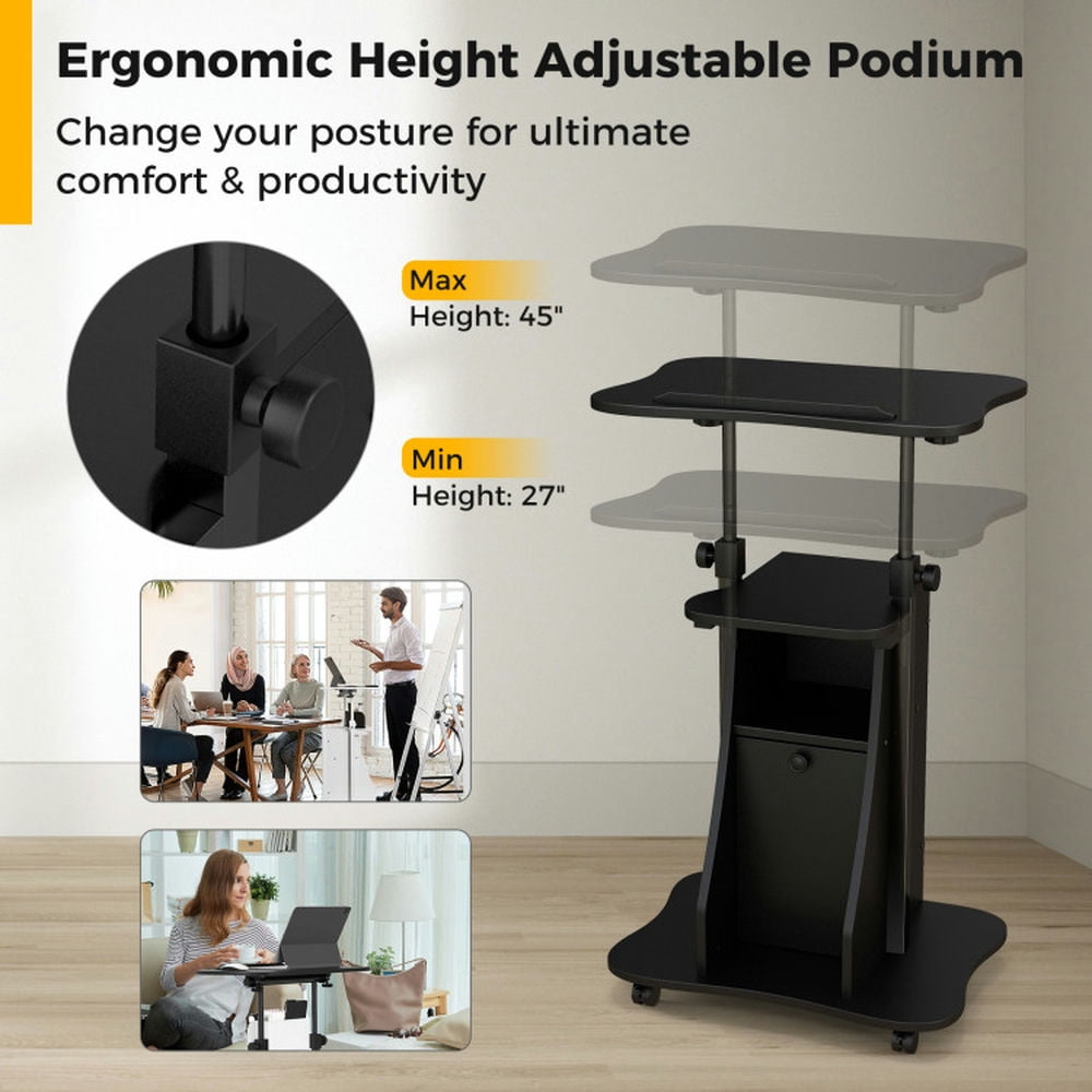 Spaco Adjustable Mobile Standing Desk Cart with Tilt Desktop and Cabinet-Black, Office Furniture, Portable Desk for Home and Office