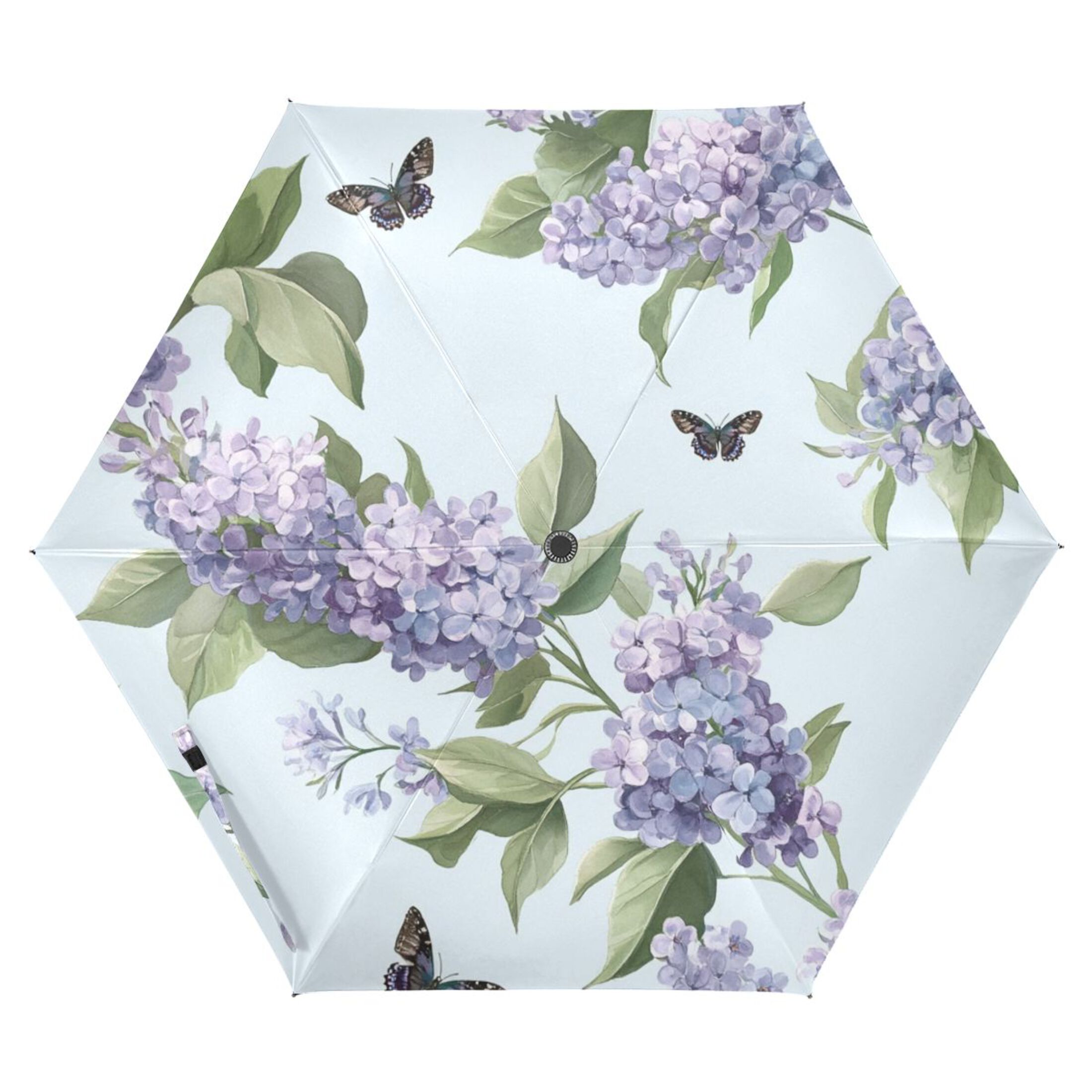 Beautiful Lilac Flowers and Butterflies All Weather Umbrella Triple Folding Parasol 6 Ribs UV Protection Portable