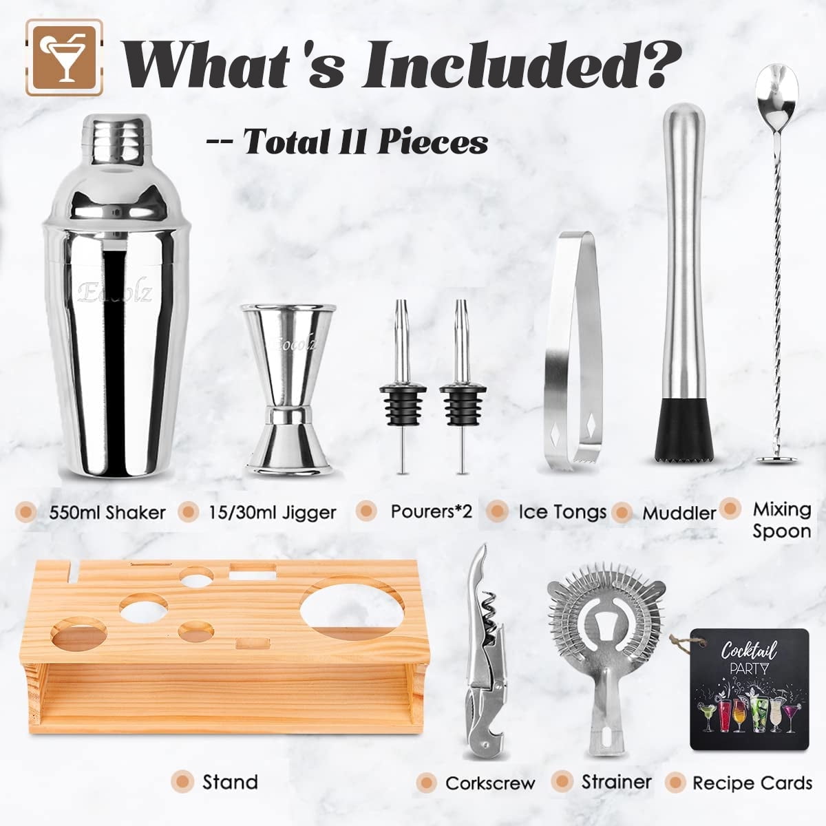 Bartender Kit， 17-Piece Cocktail Shaker Set Acrylic Stand ， For Mixed Drinks  Martini Bar Tools Set Stainless Steel