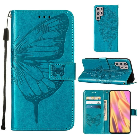 For Samsung Galaxy S22 Ultra 5G Embossed Butterfly Leather Phone Case with Holder & Card Slot & &