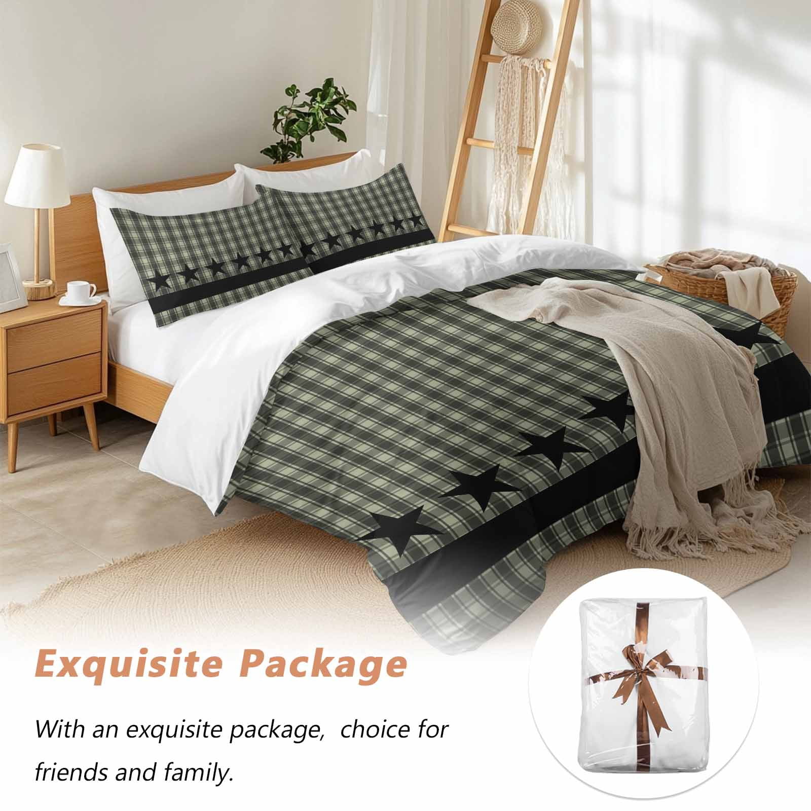 Sage Green Black Plaid Bedding 3 Piece Duvet Cover Set Twin Size, Vintage Star Buffalo Check Rustic Soft Microfiber Comforter Cover with Zipper Closure & Pillowcases, FadeResistant Quilt Cover