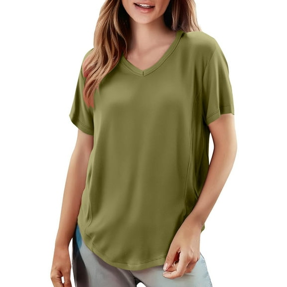 Yigetop Basic Tees for Women Women's Solid Color T Shirt V Neck Short Sleeved Top Large Size Loose Elastic Pure Cotton Base Shirt Tee Shirts Womens Army Green 2XL