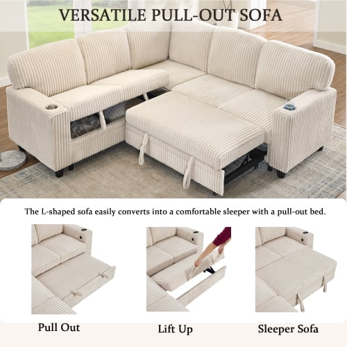 Howcool Modular Sectional Sleeper Sofa, 81" L-Shaped Oversized Cloud Couch with Pull-Out Bed, 5-Seat Corduroy Sofa with Storage Chaise, USB Charging and Cup Holders for Living Room Apartment,Beige