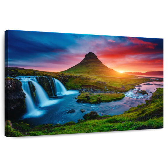 Elephant Stock Kirkjufell Volcano Waterfall Wall Art - Horizontal Canvas Wall Art - Living Room Wall Decor - Nature Canvas - Brown And Teal Decor - 12" x 8"
