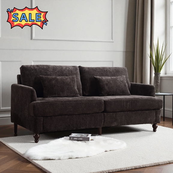 Tcbosik 2 Seater Couch with Pillows, Chenille Fabric Upholstered Loveseat, 68.9" Sofa with Wood Legs for Living Room, Bedroom, Black