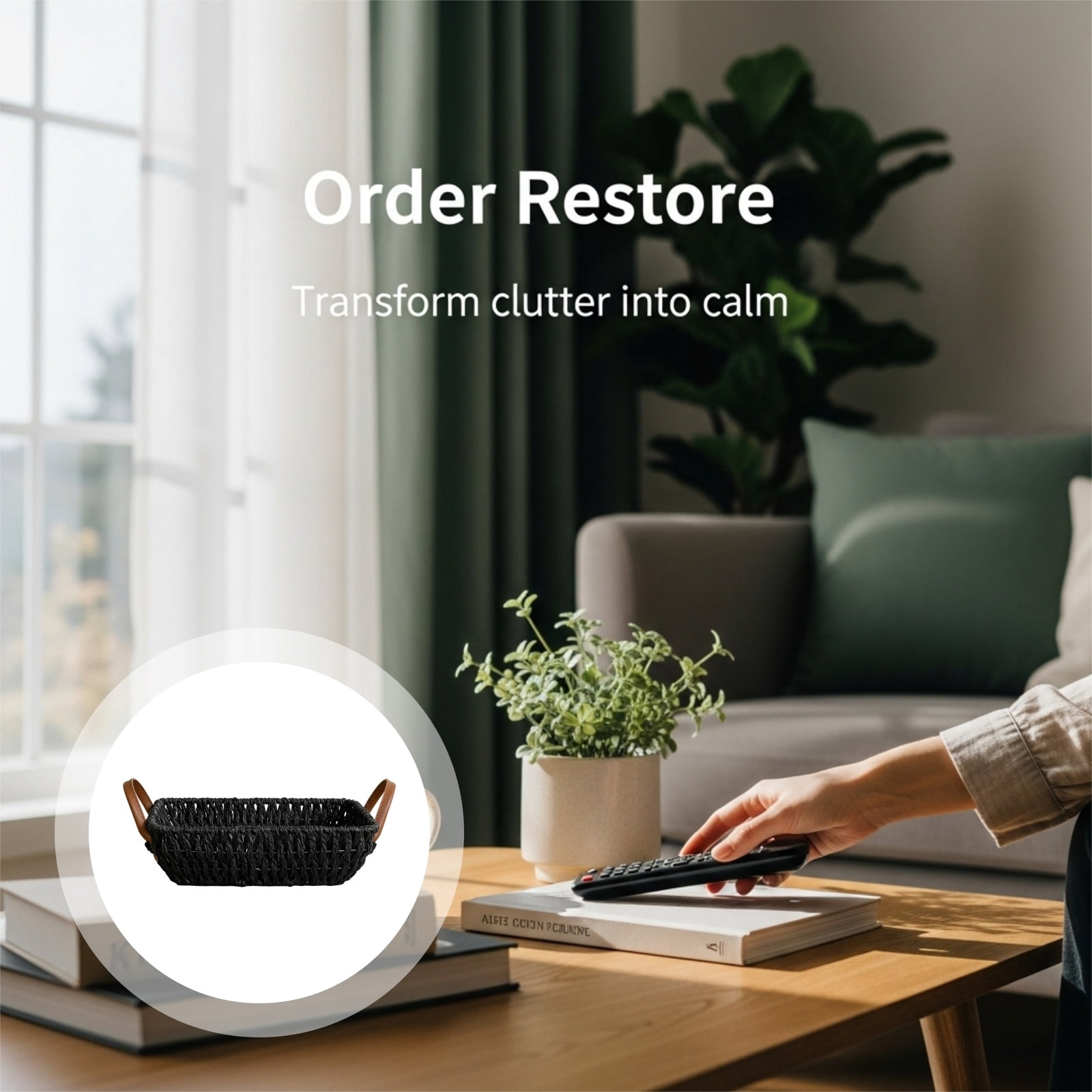 Wicker Storage Basket, Black Paper Rope Woven Bin with Leather Handles, 12.6 x 7.9 x 3.9 in, Decorative Organizer Baskets with Handles for Shelf, Table, Coffee Table
