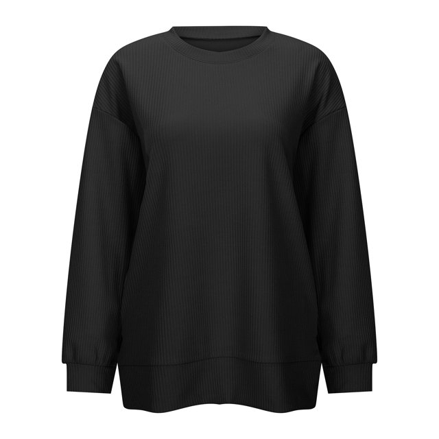 NINGMENG Womens Tops Solid Color Round Neck Long Sleeve Loose Knit Ribbed Lightweight Tops Pullover Tee Shirts Activewear,Black,M