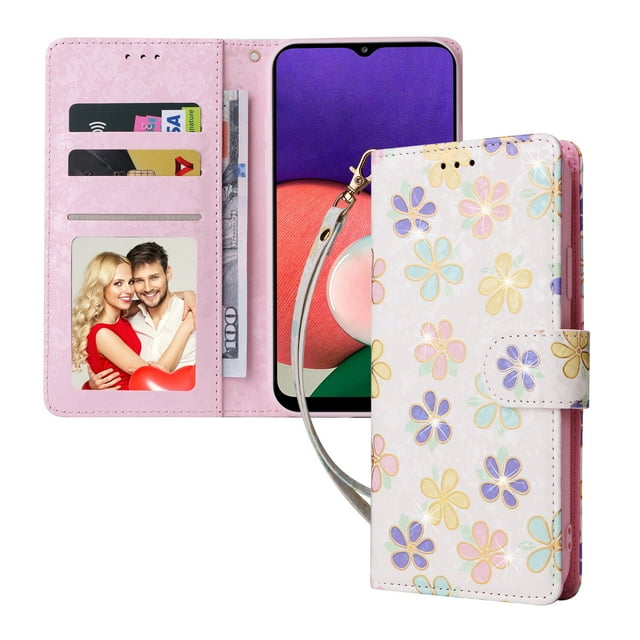 Compatible avec Samsung Galaxy A22 5G Cas Rétro Fleur Dorée PU Cuir RFID Bloquant Portefeuille Couverture