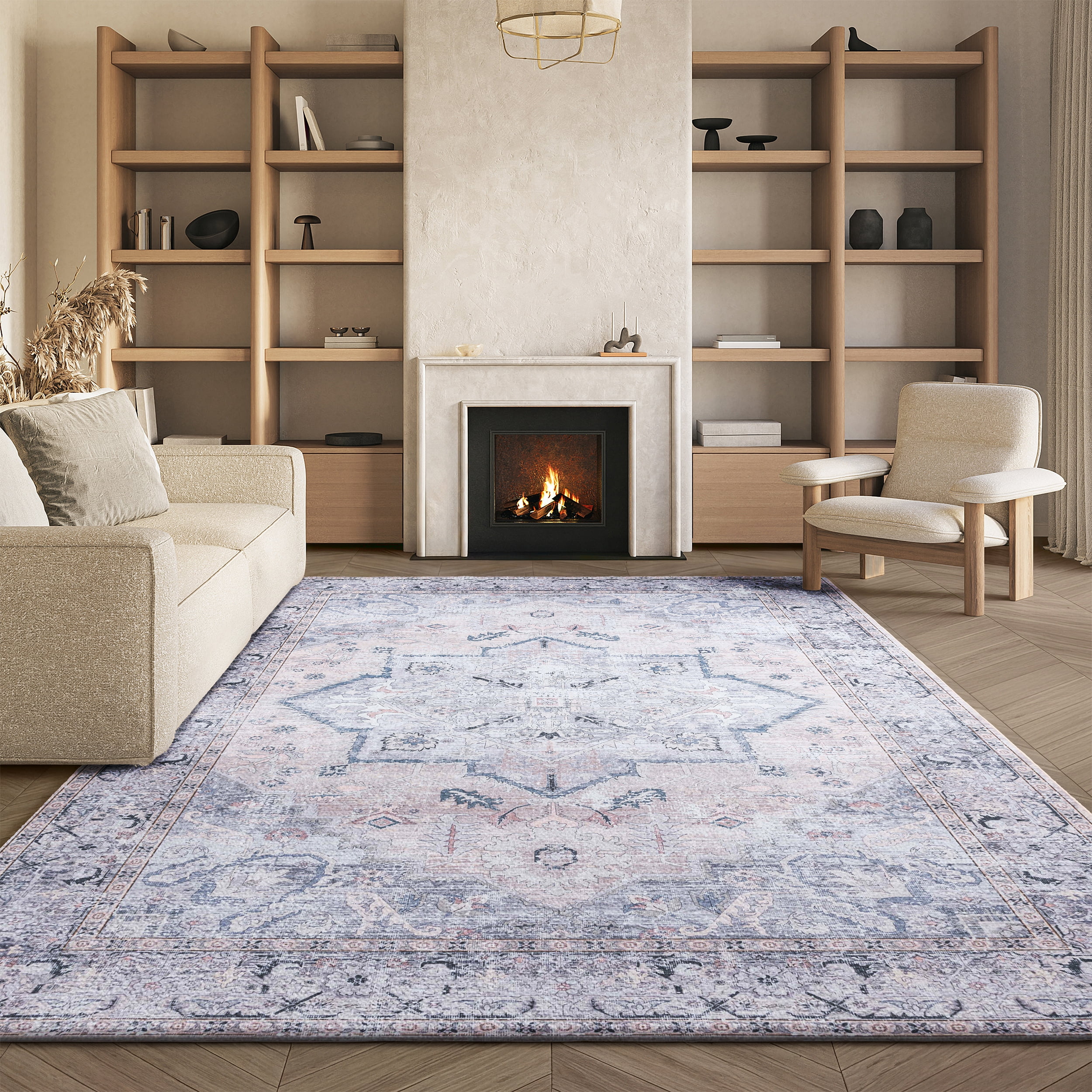 SAFAVIEH Tucson Beulah Traditional Machine Washable Area Rug, 5' x 8', Beige/Grey