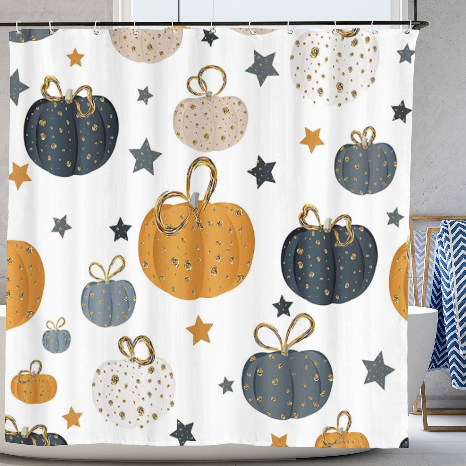 Pumpkin Autumn Shower Curtain Set with Hooks Fall Thanksgiving Harvest