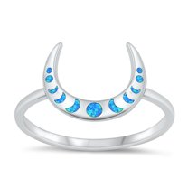 CHOOSE YOUR COLOR Blue Simulated Opal Crescent Moon Phases Ring Sterling Silver Band CZ Female Size 6