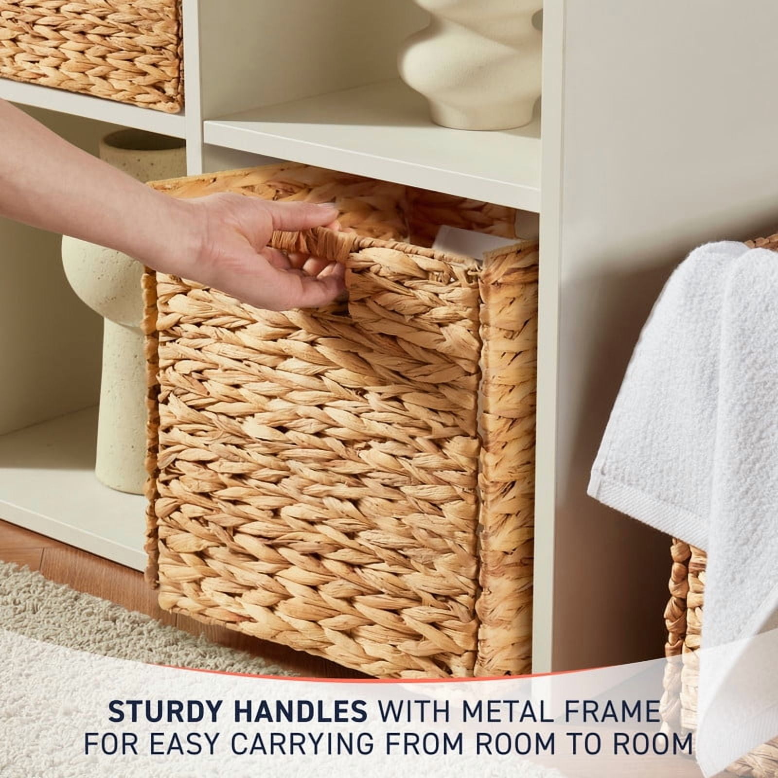 Ornavo Home 10.5 x 10.5 Inch Water Hyacinth Baskets Set of 6 – Handwoven Collapsible Wicker Storage Cube Bins with Handles for Bathroom, Bedroom, Laundry and Pantry - Natural