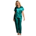 thumbnail image 2 of DAKIMOE Silk Satin Pajamas Set for Women Two-Piece Sleepwear Short Sleeve Pjs Soft Button Down Shirt and Wide Leg Long Pants with Pockets, 2 of 7