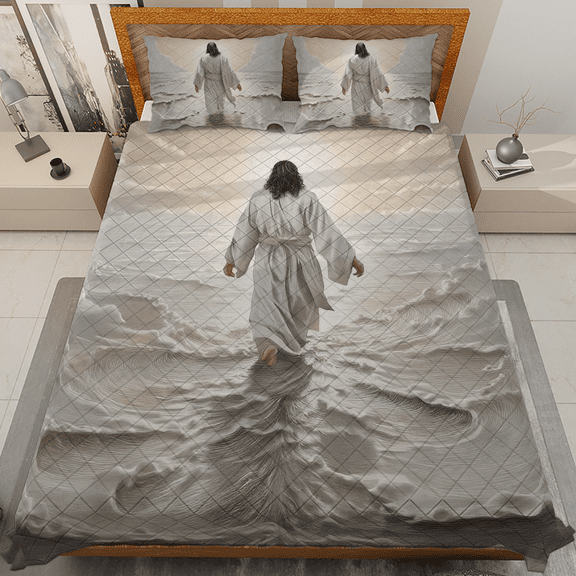 Lotusprinthandmade Jesus on Water Jesus Christian Quilt Bedding Set (Fold Hem) 5 Sizes (Made in Vietnam) (55x60), christian faith-inspired quilt bedding, religious jesus duvet cover