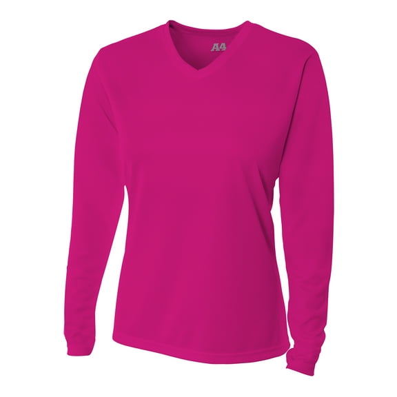 A4 Womens 100% Polyester Textured Most Intense Workouts Bright Long Sleeve V-Neck Birds Eye Mesh Tee, FUCHSIA, XX-Large, NW3255