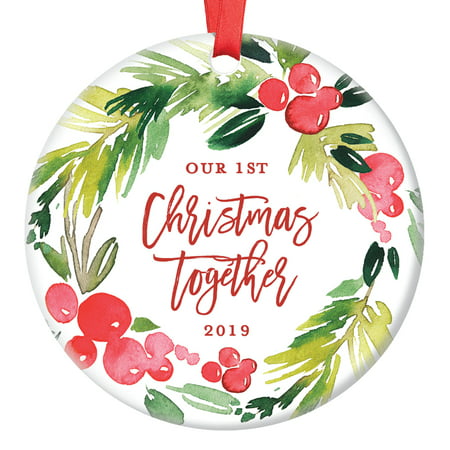 Our First Christmas Together Ornament 2019, Boyfriend Girlfriend Engaged Gifts for Couple in Relationship, Wedding Present Ceramic Present 3