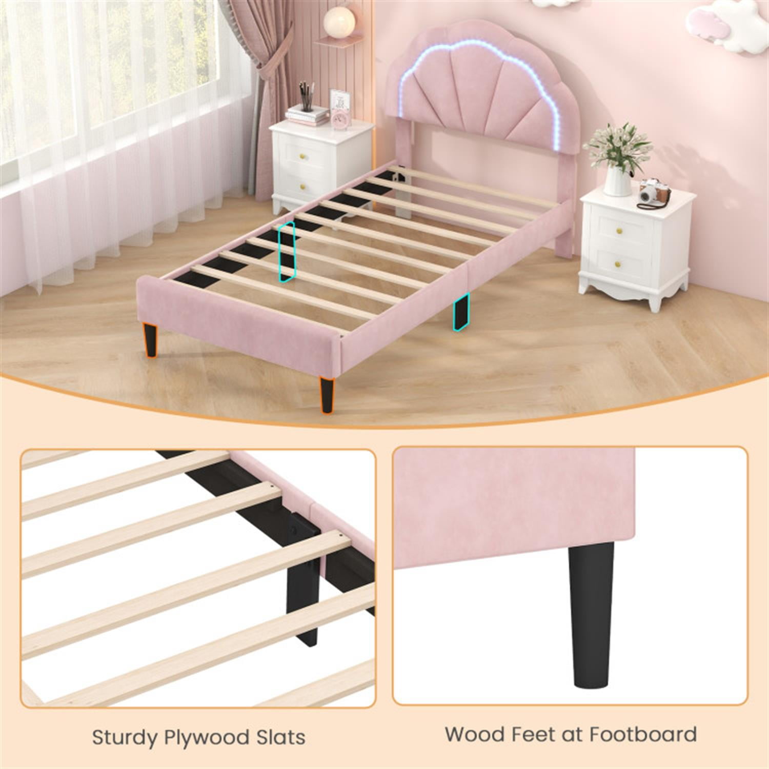 Demi Bonn Twin Size Upholstered LED Bed Frame with Adjustable Flower Headboard and Metal Support Feet, Platform Bed Frame with Wood Slats Support, No Box Spring Needed, Pink