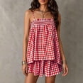 thumbnail image 3 of Women Striped Pajama Set Ruffle Hem Spaghetti Strap Cami Top Wide Leg Shorts Set 2 Piece Pj Outfits Wine L(L), 3 of 8