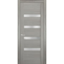 Solid Interior French Pre-Hung Door | Quadro 4113 Grey Ash with Frosted Glass | Single Regular Panel Frame Trims Handle | Bathroom Bedroom Sturdy Doors -18" x 84"