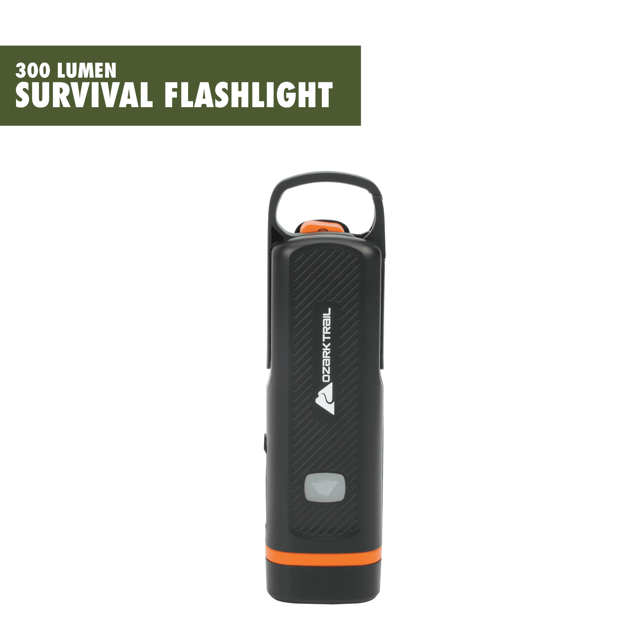 Ozark Trail 300 Lumen Emergency Flashlight, Dual Rechargeable, Hand Crank LED Light, Carabiner Clip