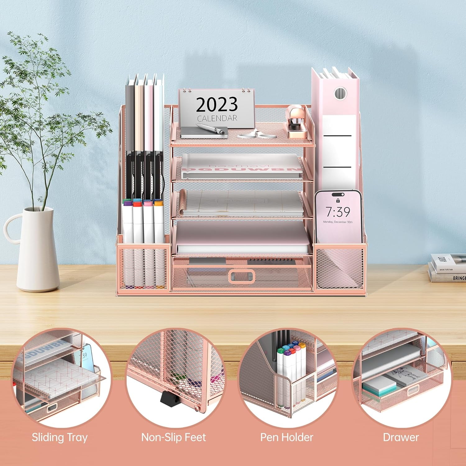 INTIGE 5-Tier Mesh Desk Organizer with File Holder, Paper Letter Tray Organizer with Magazine Holder, Rose Gold