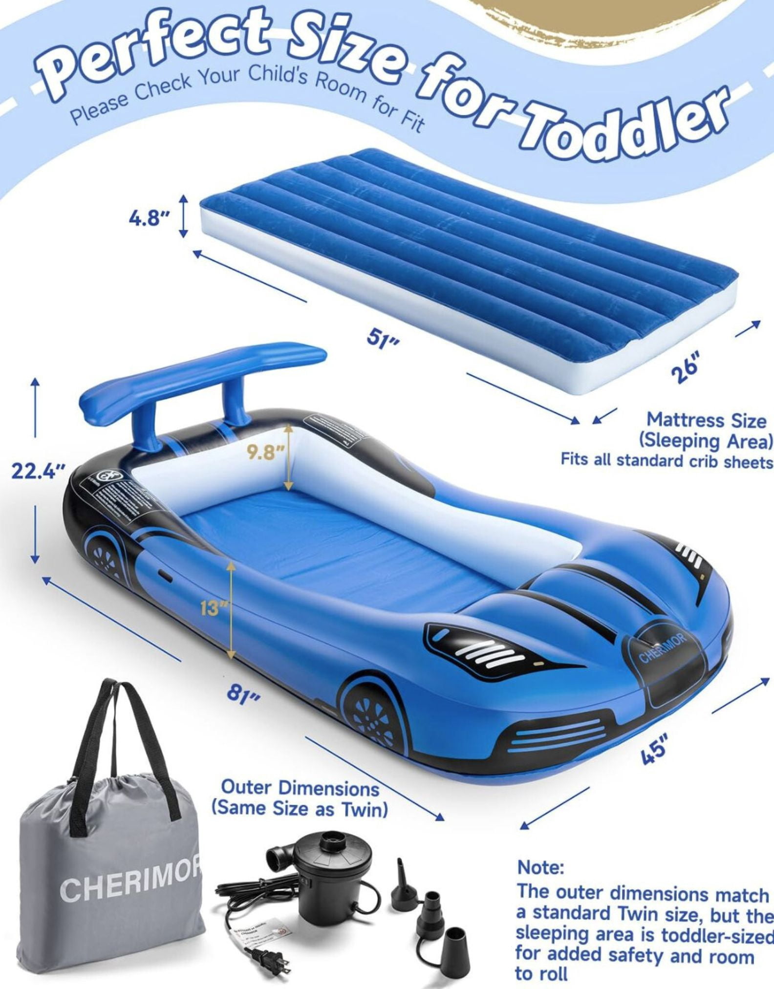 Cherimor Inflatable Toddler Bed, Racing Vehicle Blow Up Mattress for Kids Travel with 4-Side Safety Rail Bumpers, 2-Min Quick Auto Pump, Heavy Duty 330lb Capacity, Portable Toddler Airbed, Blue