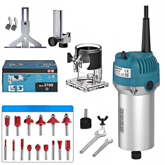 Router Tool, 110V 800W Compact Wood Router Tool for Woodworking, Electric Hand Trimmer 1/4" Collets Palm Wood Router Tools Laminate Trimmer   Tungsten Carbide Router Bits 15-Piece Set