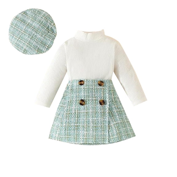 Kids Girl 3-Piece Outfit Set Tweed-Style Green Ribbed Top & A-Line Skirt with Hat for Spring Fall Party Playdate Church 6M-6Y,Size 18-24 Months