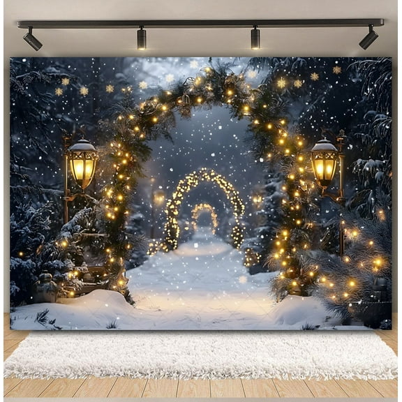 Winter Christmas Tree Backdrop Glitter Street Lights Arch Door Snowflakes Xmas Tree Forest Kids Portrait Photography Background