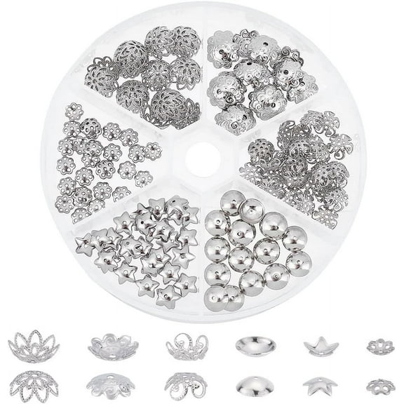 180pcs 304 Stainless Steel Bead Cap 6 Styles Muiti-Petal Round Filigree Flower Cup Shape Bead Spacer Beads for Earring Bracelet Necklace Jewelry Making Mixed Color DIY