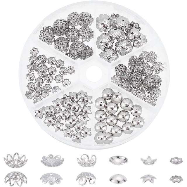 180 piezas de tapas de cuentas de acero inoxidable 304, 6 estilos, cuentas espaciadoras con forma de copa de flor de filigrana redonda de múltiples pétalos