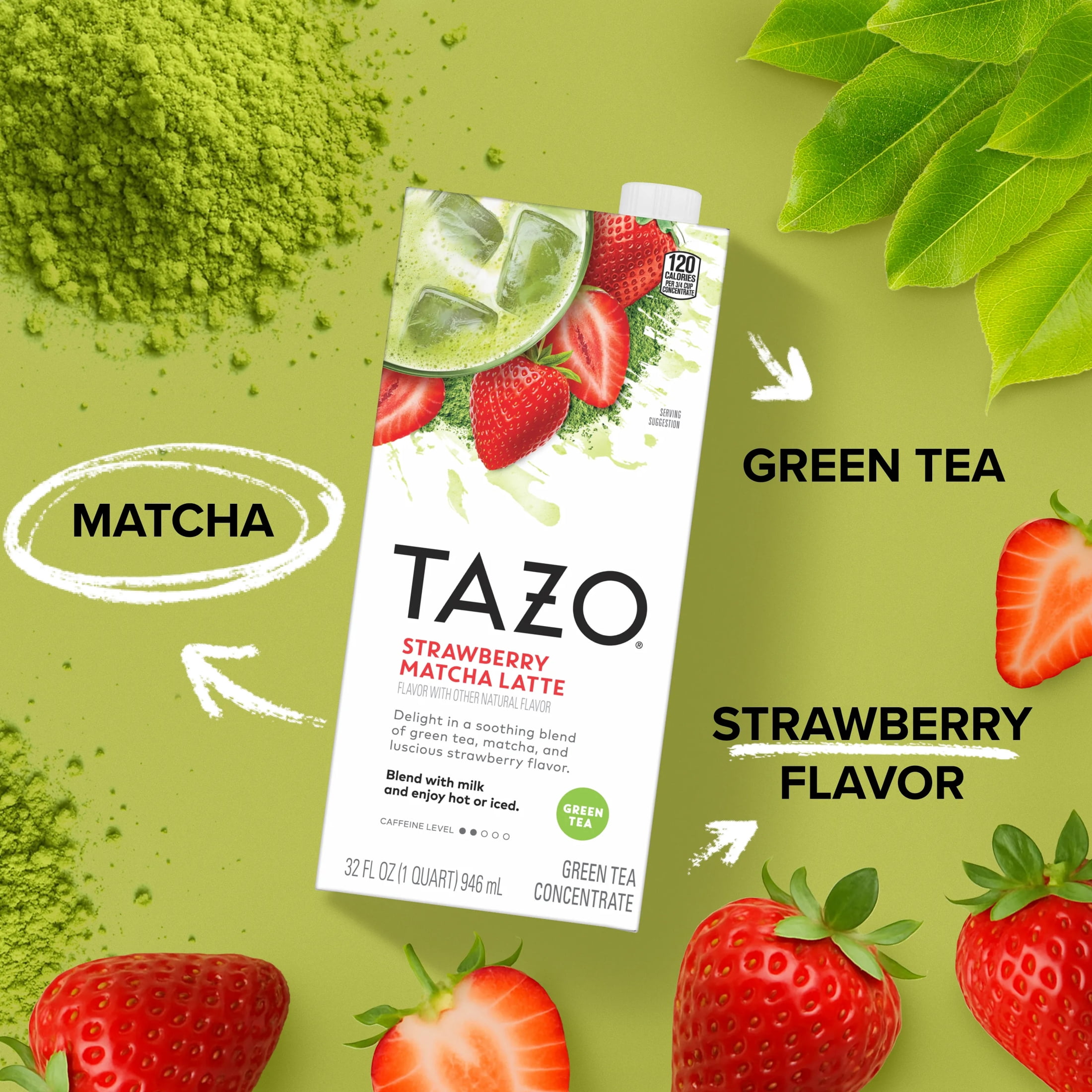 (6 pack) TAZO Strawberry Matcha Latte Concentrate, Sweetened Green Tea and Matcha Flavor, 32oz Carton