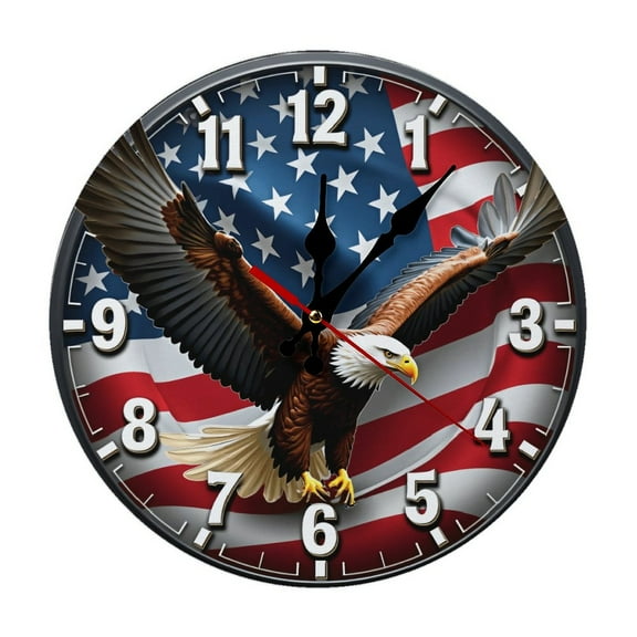 Eagle Flying American Flag Wall Clock 10 Inch Silent Non Ticking Round Clock Decoration for Living Room Kitchen Bedroom Bathroom Office Classroom
