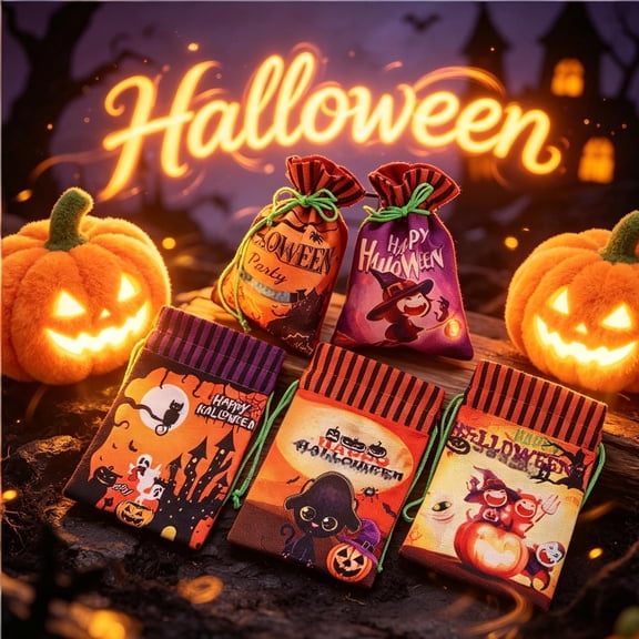Halloween Party Bags, Halloween Bags for Student, Halloween Goody Bags, Kids Goodie Bags, 8X6 Inch Small Drawstring Reusable Fabric Sack, Perfect for Storing Sweet Treats, Small