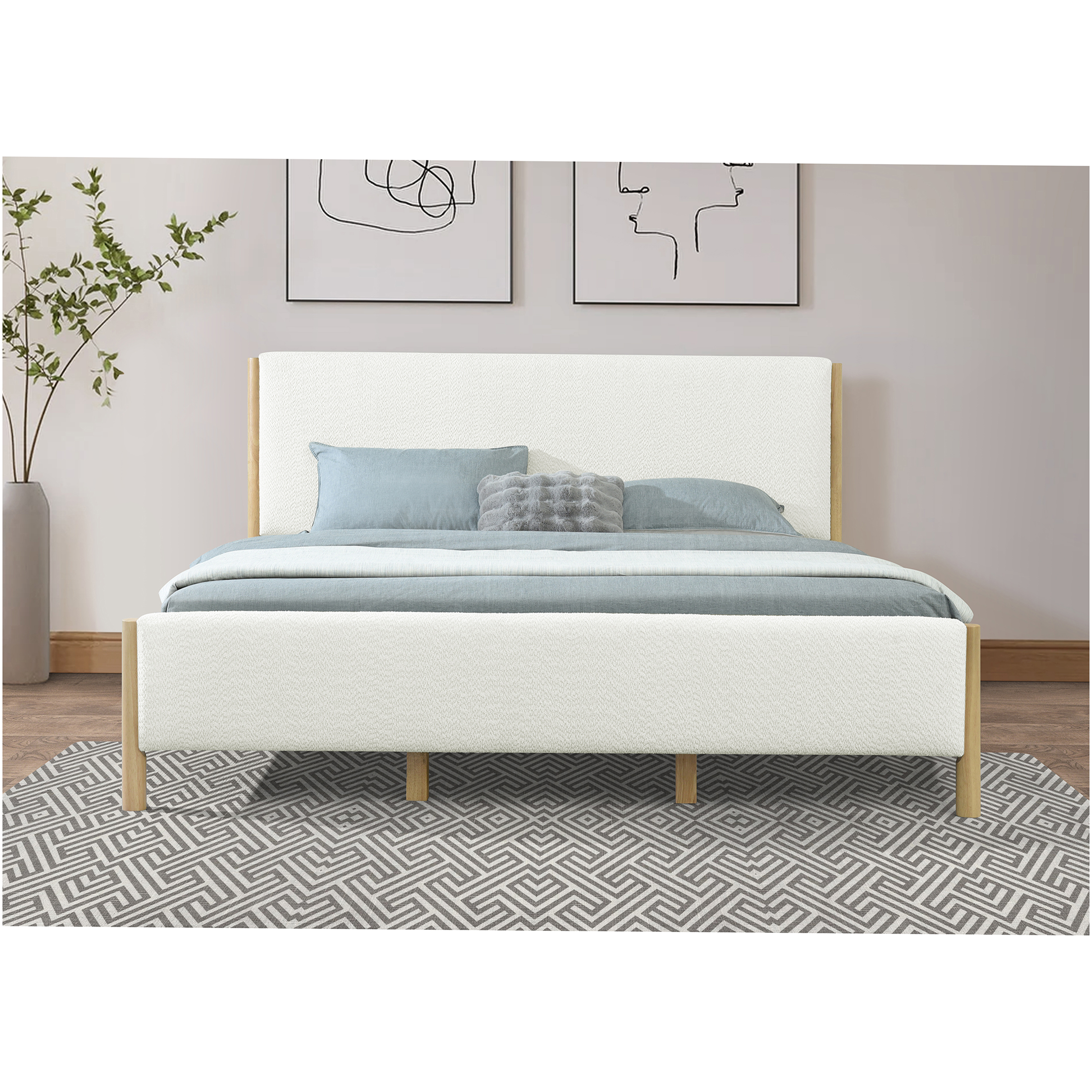 JERFIT Modern King Size Upholstered Platform Bed Frame with Boucle Fabric and Wood Legs, No Box Spring Needed, White