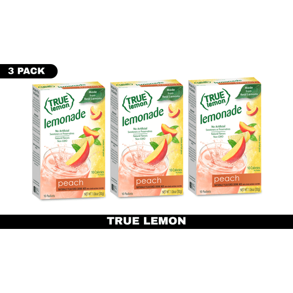 True Lemon True Lemon Peach Lemonade Drink Mix, 10 ct – Pack of 3, Single-Serve Lemonade Packets, No Artificial Sweeteners