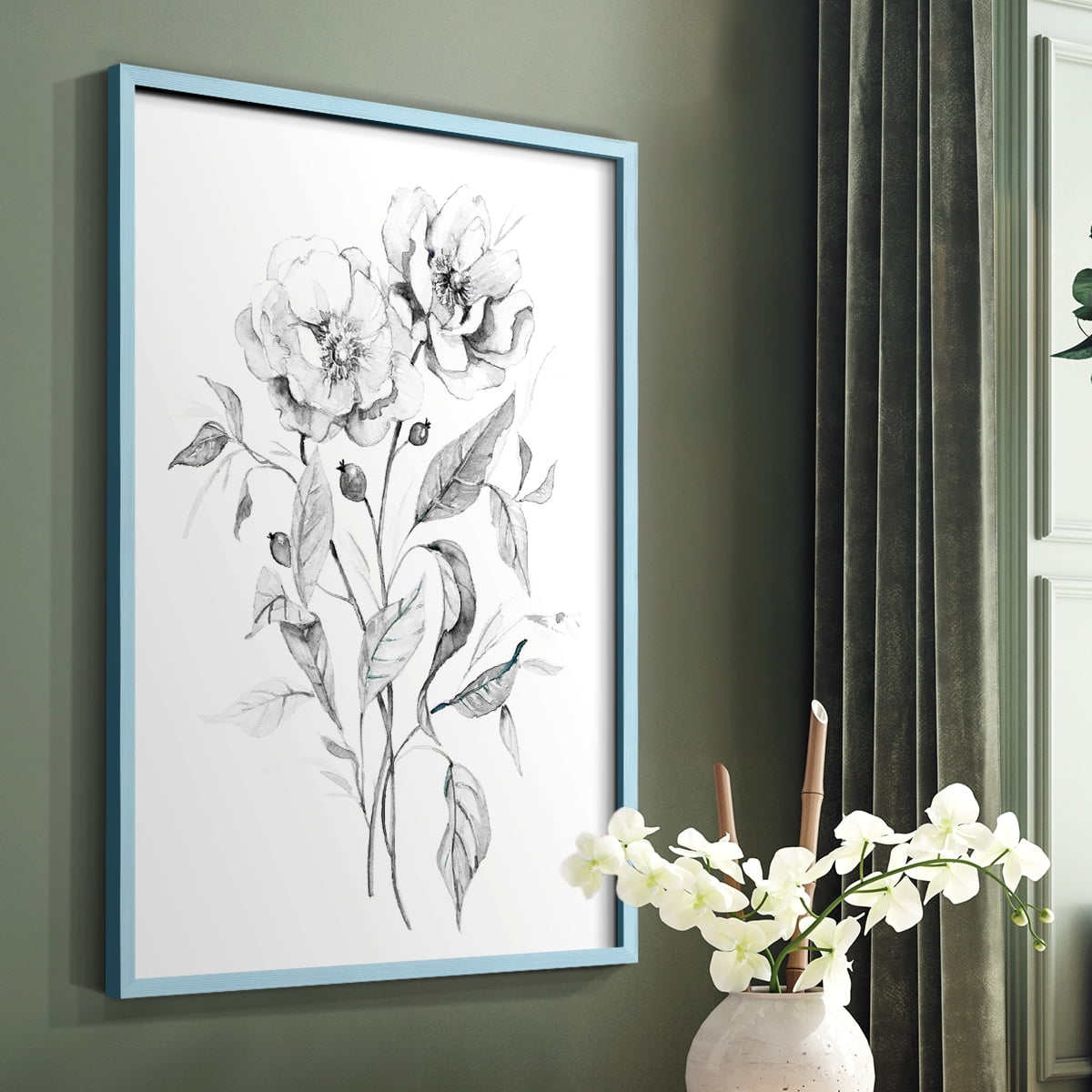 Wild Roses Sketch Framed Print in Blue Solid Wood 8 x 10 Framed Print