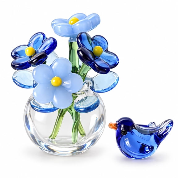 Miniature Blue Glass Flower Vase and Bird Figurine Set, Handmade Tiny Floral Decor for Desk, Shelf, Windowsill and Display