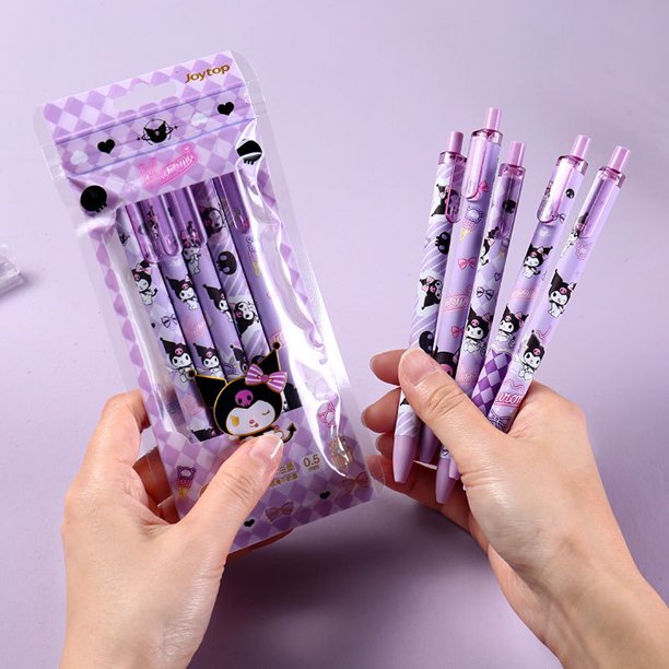 Sanrio-Juego de bolígrafos Kawaii de dibujos animados para niñas, Set de 6 bolígrafos negros de 0,5 MM, papelería de Anime, regalo para estudiantes