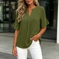thumbnail image 5 of Edvintorg Summer Shirts for Women Cotton Linen V Neck Short Ruffle Sleeve Loose Casual Tops Womens Blouses Women Clothing Army Green L, 5 of 9