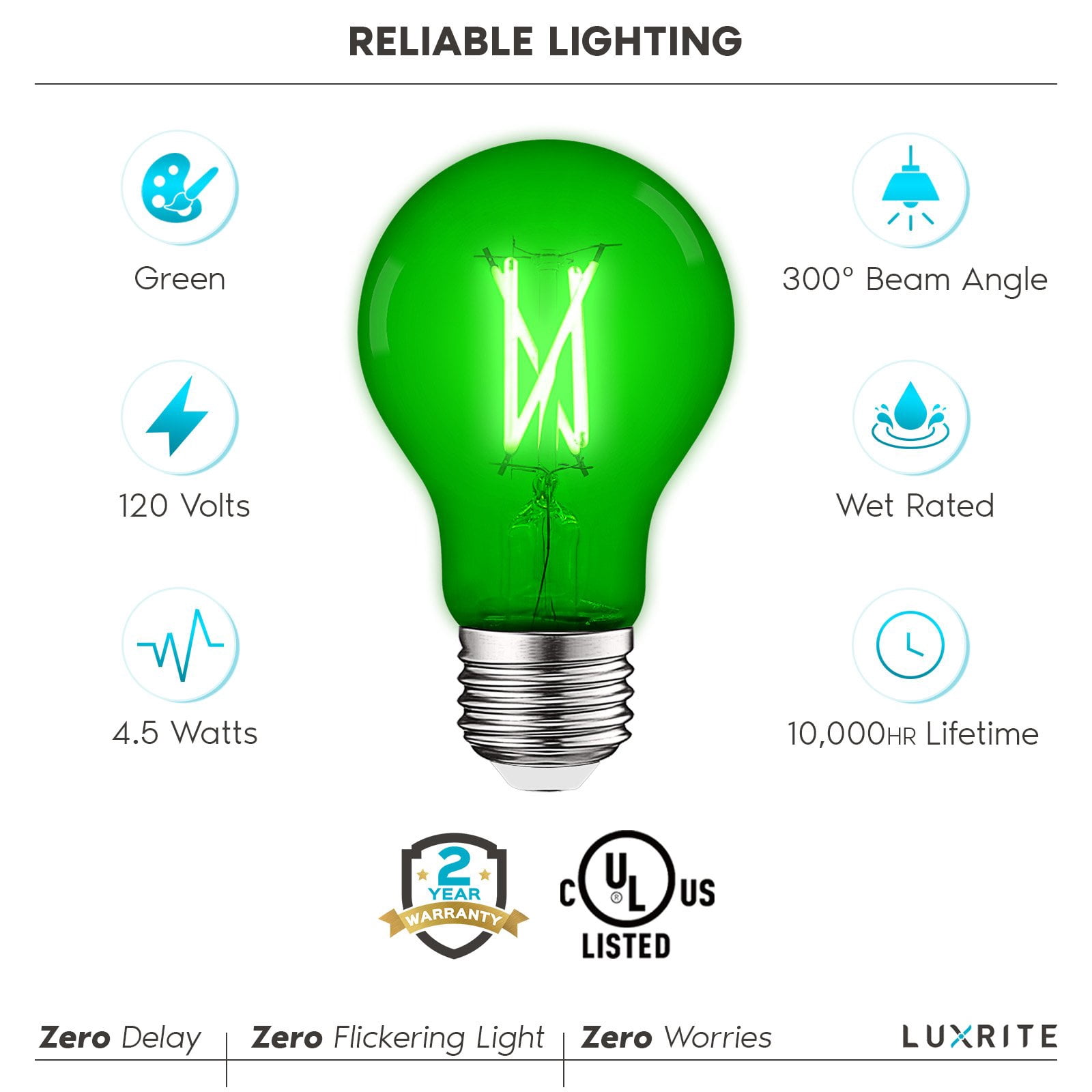 Luxrite A19 Edison LED Green Light Bulb 4.5W=60W E26 Base Indoor Outdoor Decoration Party Holiday Lighting 3 Pack