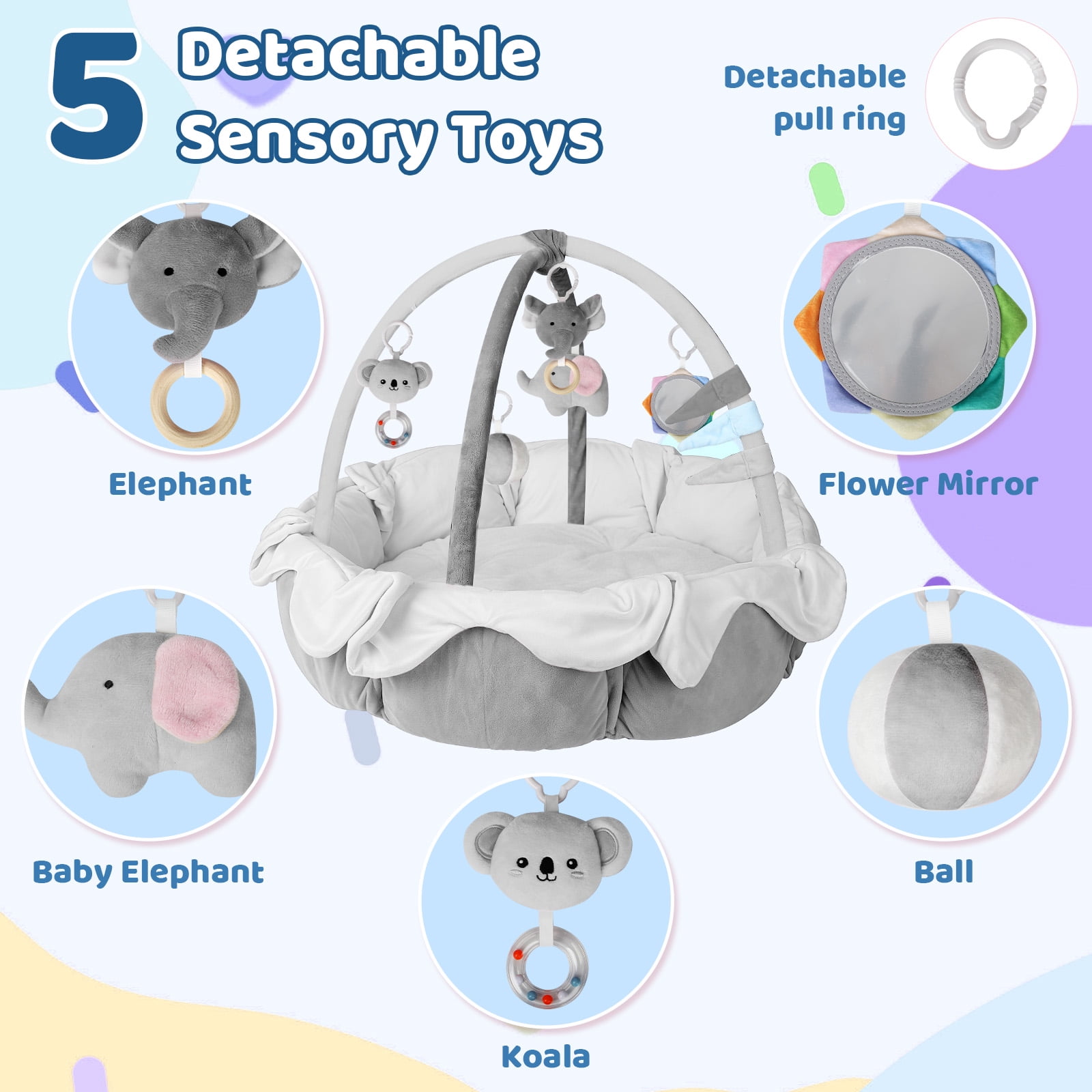 OMZER 5-in-1 Convertible Baby Play Gym, Non-Slip & Washable Activity Center for Babies, Grey